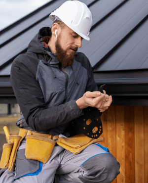 an expert electrician with the full safety, caring tools and working on the roof of the house.