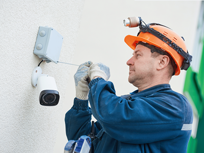 an expert electrician installing CCTV in the wall with the full of safety by wearing gloves and helmet.