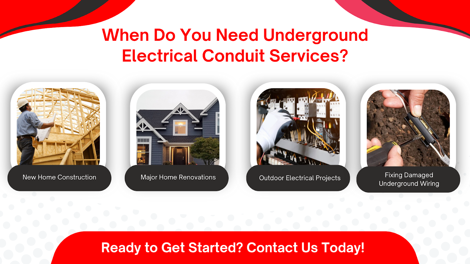 "Image titled 'When Do You Need Underground Electrical Conduit Services?' shows four scenarios: new home construction, major renovations, outdoor projects, and fixing underground wiring. A call to action reads 'Ready to Get Started? Contact Us Today!' in bold red text."