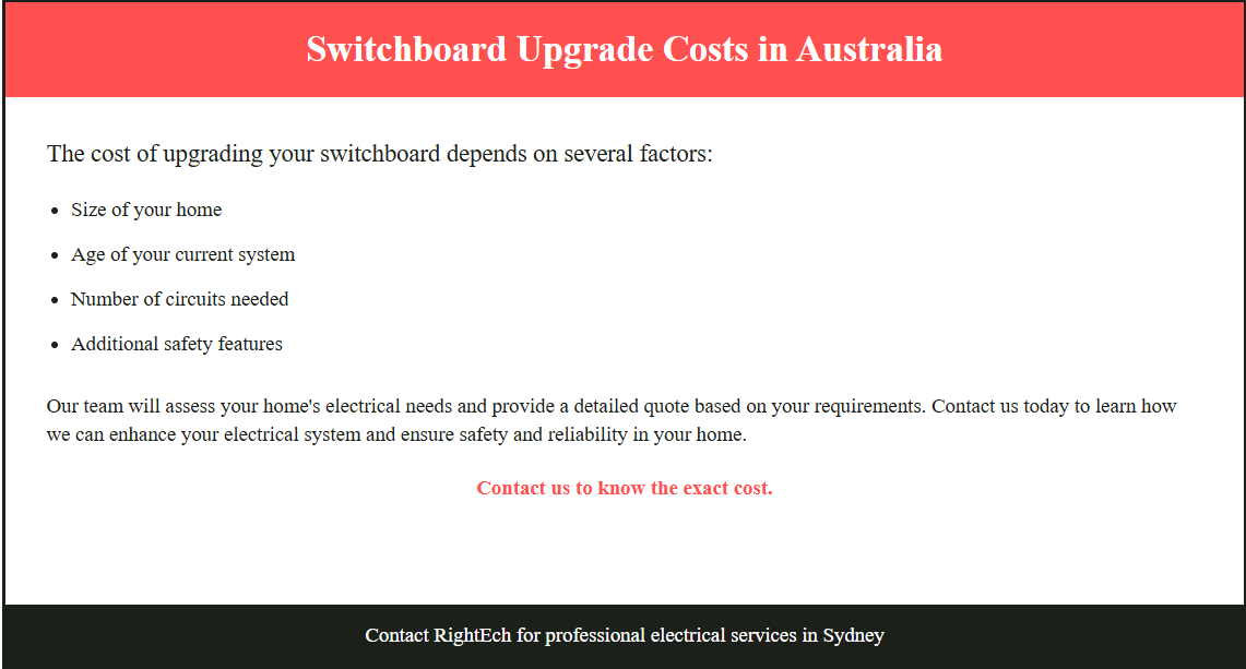Switchboard Upgrade Costs in Australia