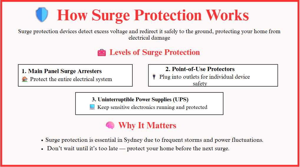 "Infographic titled 'How Surge Protection Works' with sections: Main Panel Surge Arresters, Point-of-Use Protectors, and UPS. Highlights essential surge protection in Sydney."