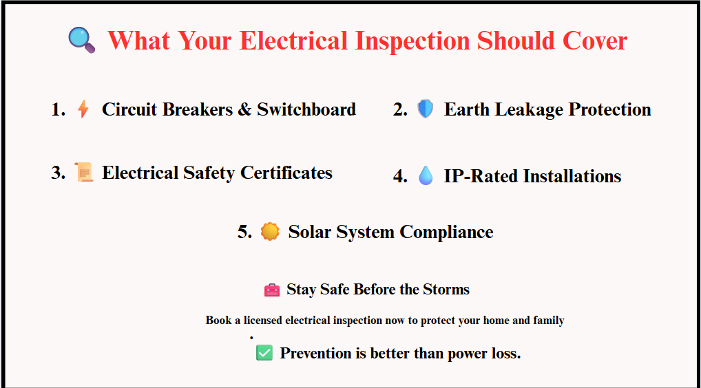 Chart titled "What Your Electrical Inspection Should Cover" with items: Circuit Breakers, Earth Leakage, Safety Certificates, IP-Rated Installations, Solar Compliance. Note: "Prevention is better than power loss." Tone is advisory.