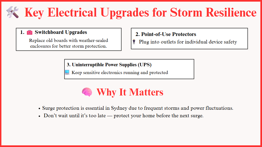 "Infographic titled 'Key Electrical Upgrades for Storm Resilience' emphasizes switchboard upgrades, point-of-use protectors, and UPS. Highlights the importance of surge protection in Sydney due to frequent storms."