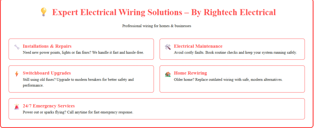 Expert Electrical Wiring Solutions by Rightech Electrical. Services include installations, repairs, maintenance, switchboard upgrades, home rewiring, and 24/7 emergency support. Professional wiring for homes and businesses.
