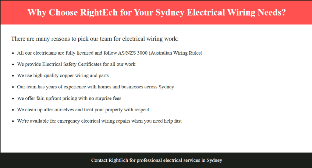ightEch Sydney Electrical Wiring ad highlights reasons to choose them: licensed electricians, safety certificates, quality materials, experience, fair pricing, cleanup, emergency repairs.