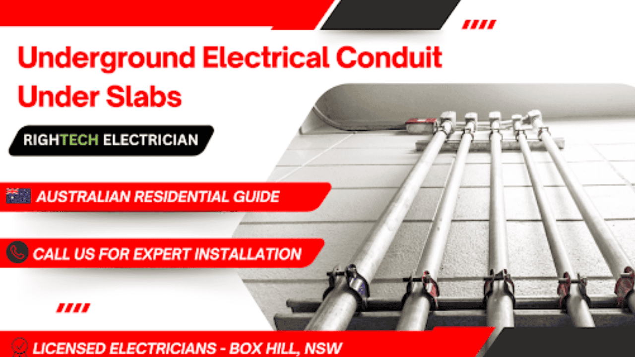 Featured Image for the blog post Underground Conduit Installation Under Slabs with pipes shown on a tiled wall. The design includes red and black accents and references to licensed electricians in Box Hill, NSW.